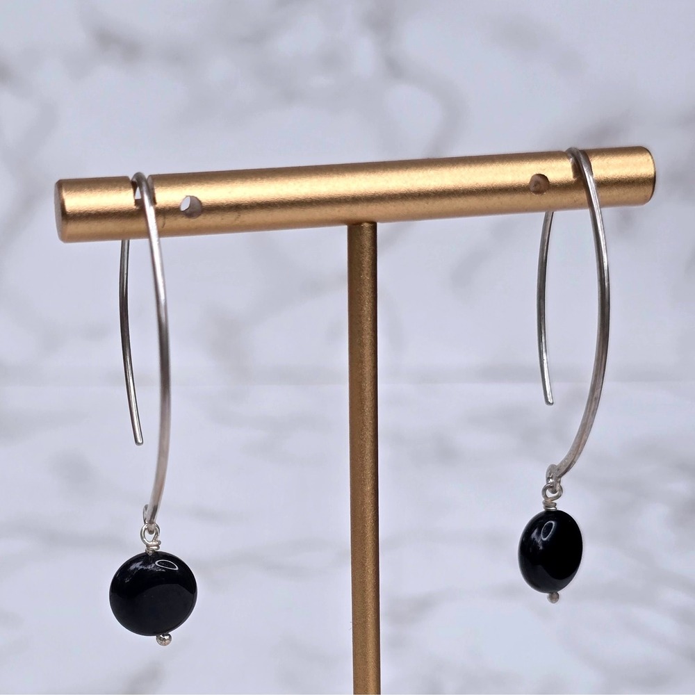 Boma 925 Sterling Silver Open Loop Dangle Earrings Black Beads Minimalist Hoop